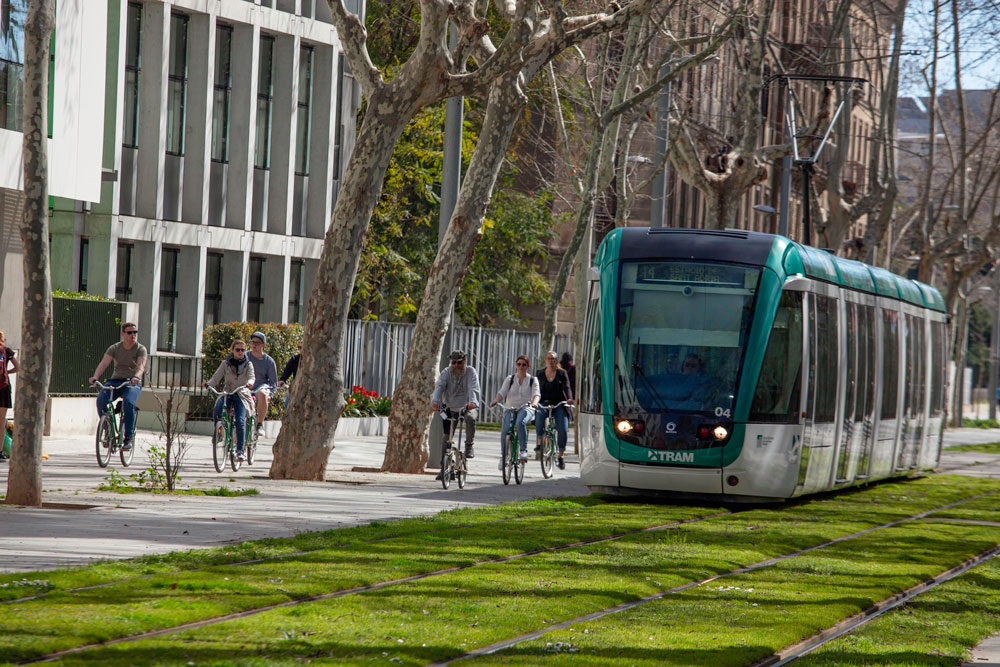 Зелена трамвайна колія у місті Барселона 